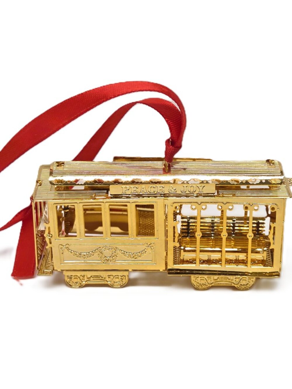Towle Silversmiths Gold Filigree Trolley Car Christmas Ornament Peace Joy Brass